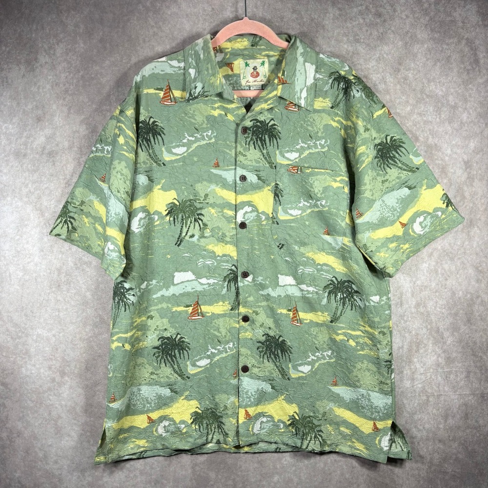 Joe Marlin Shirt Men M Green Tropical Palm Tree Sailboat Beach Hawaiian Vacation